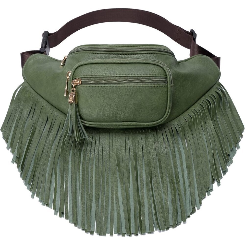 💫 Women Green Fringe Multi Zipper Pockets Trendy Style Casual Wear Waist bag